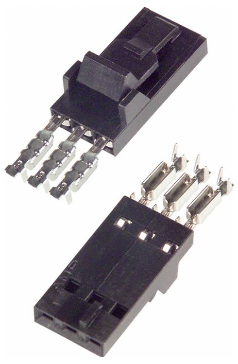 Dwie czarne trzypinowe złącza elektryczne z metalowymi stykami, jedno jest złączem męskim, a drugie żeńskim, oba skierowane w przeciwne strony.
