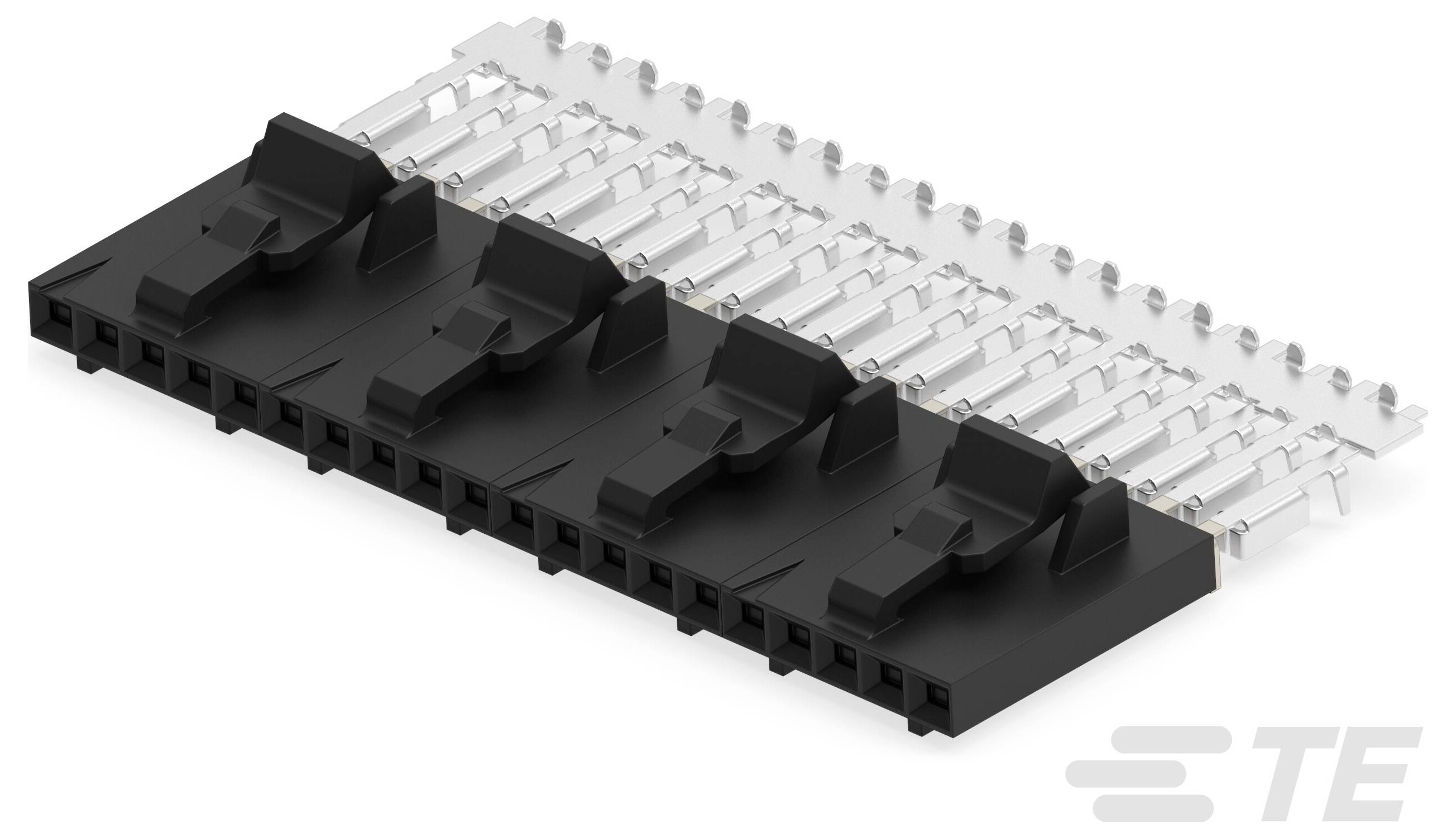 'TE Connectivity Conn Mini CT 4/8AWG' – Czarna plastikowa obudowa z pięcioma złączami i metalowymi stykami, widok pod kątem.