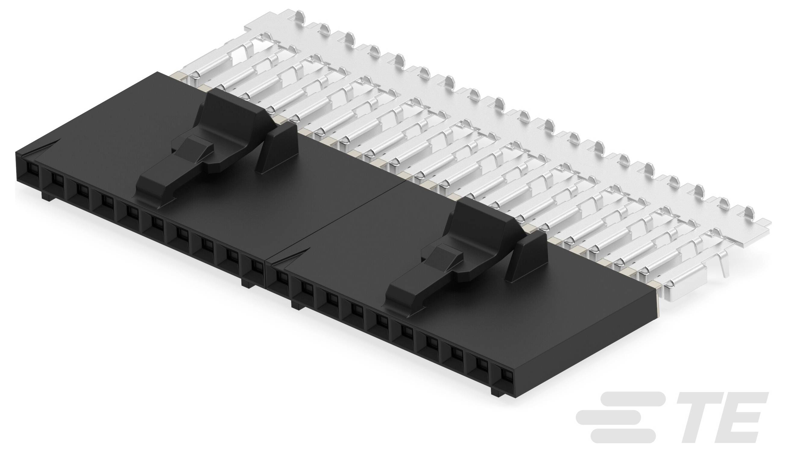 Złącze TE Connectivity pokazane z widoku frontalnego przedstawiające dwurzędowy złącz kolankowy z obudową plastikową i metalowymi stykami.