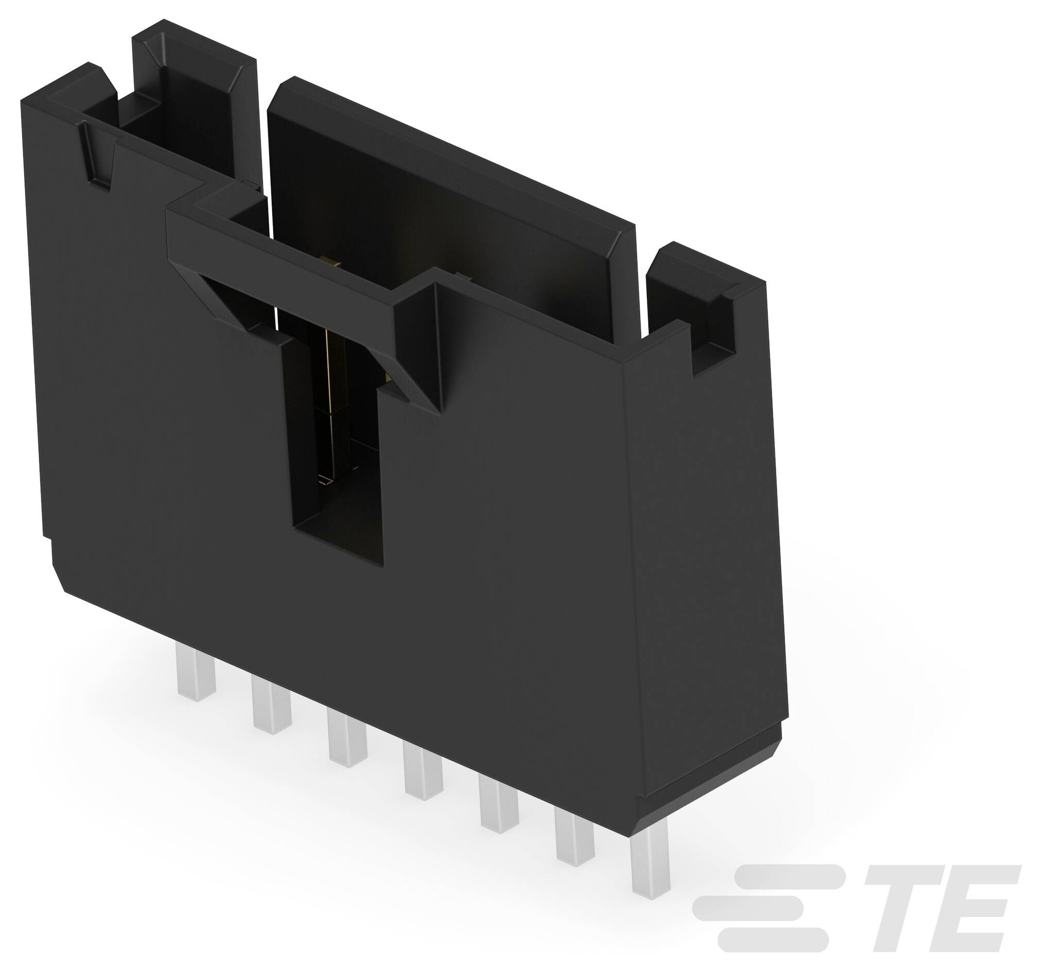 Obraz „Złącze TE Connectivity 8-pinowe" pokazujący czarny plastikowy element złącznika z metalowymi stykami do zastosowań elektrycznych lub elektronicznych.