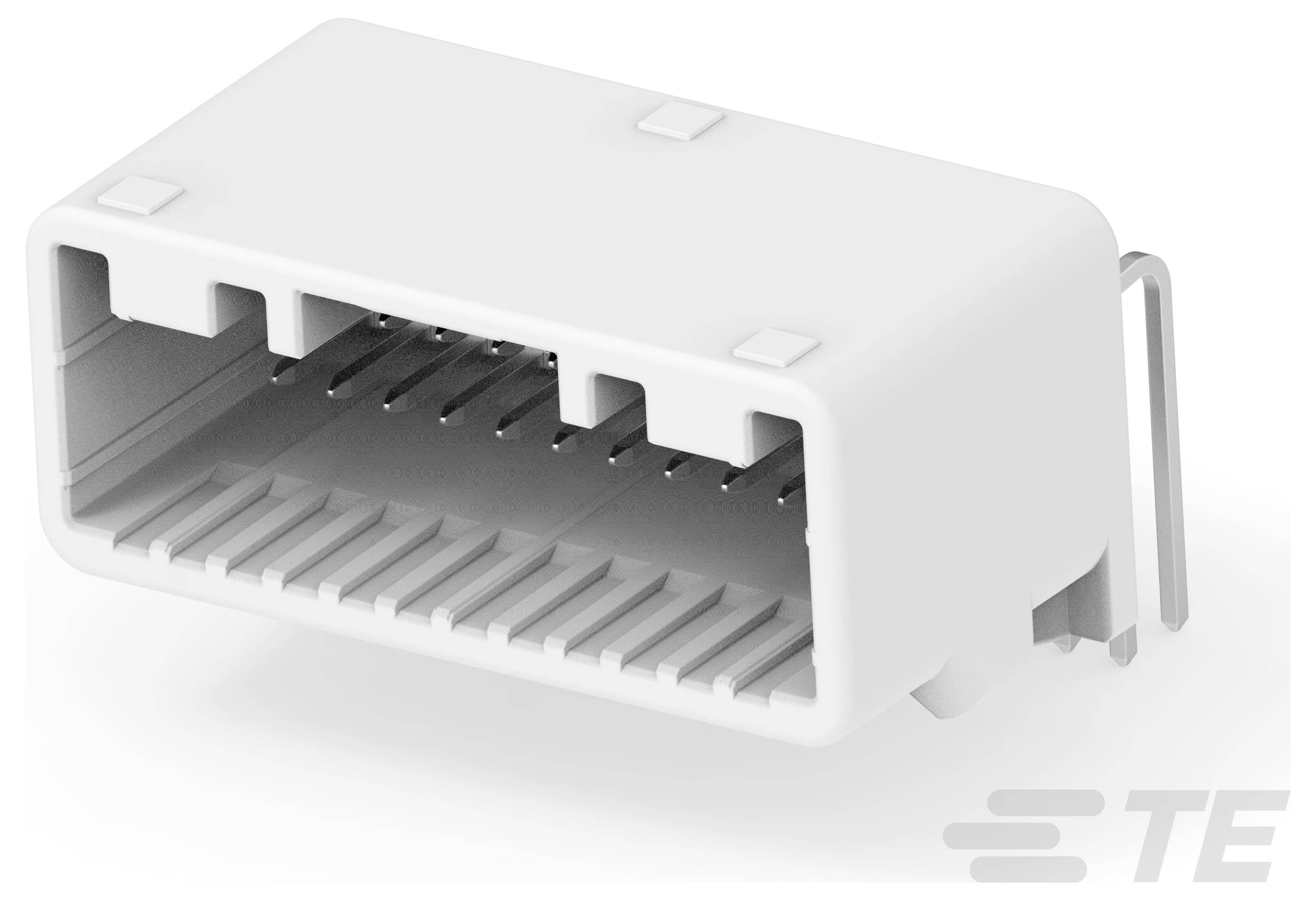Biały prostokątny złączacz USB z wieloma pins wewnątrz, oglądany z perspektywy.