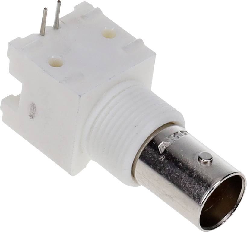 Biały adapter współosiowy RF z metalu, z gwintowaną obudową i dwoma stykami, stosowany w urządzeniach elektronicznych do transmisji sygnałów.