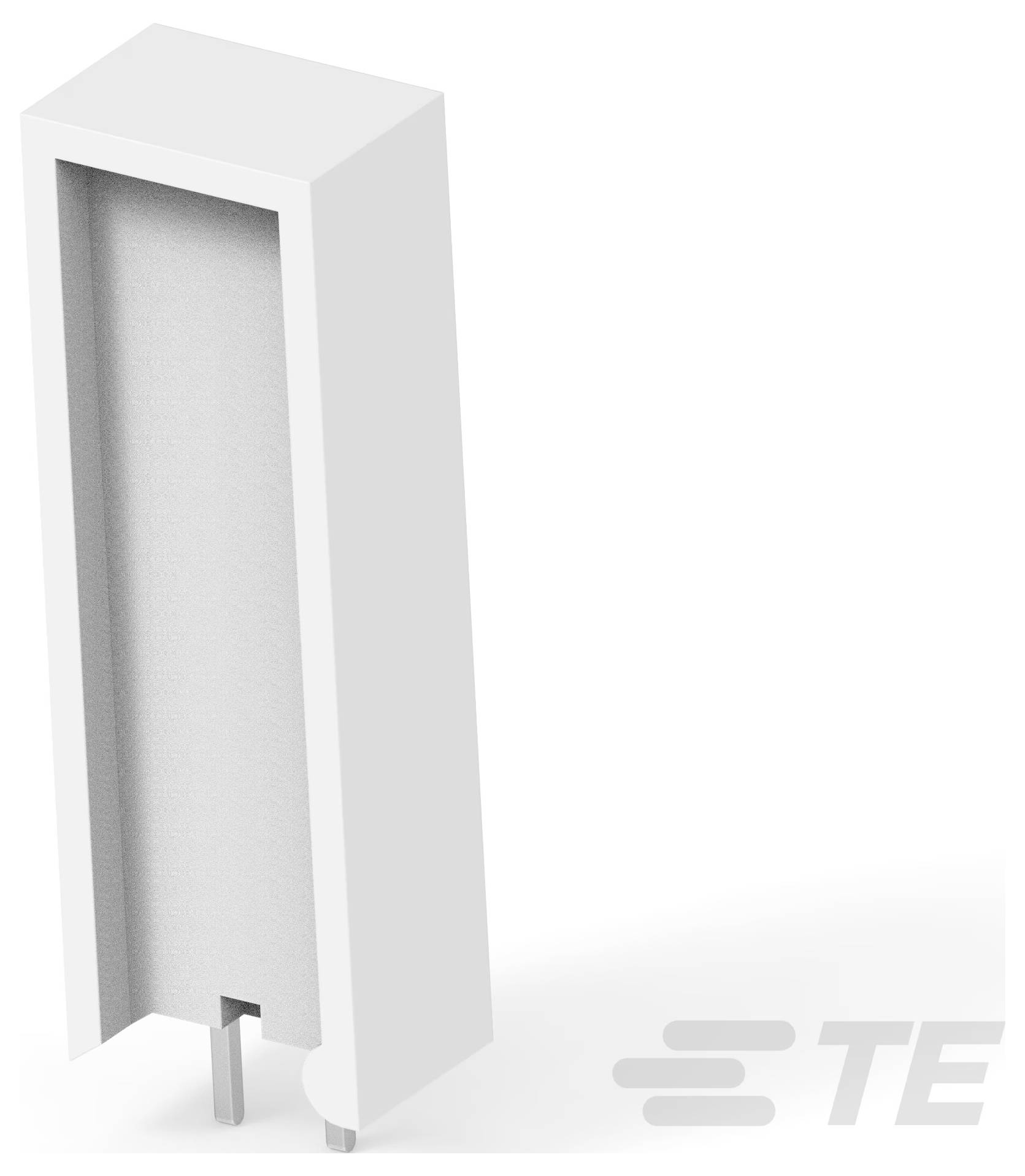 Renderowanie 3D slanki, prostokątnej obudowy komponentu elektronicznego z dwoma pinami na dole, obok logo 'TE'.