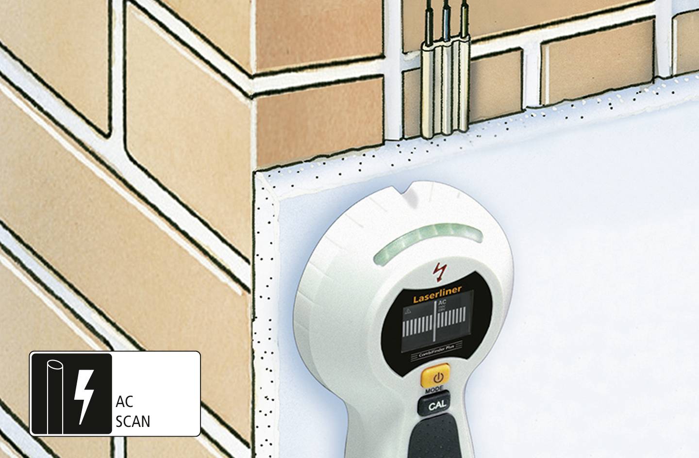 Urządzenie skanuje ścianę w poszukiwaniu przewodów elektrycznych; wyświetla lokalizację przewodów na ekranie. Symbol 'AC Scan' w rogu, ceglana ściana w tle.