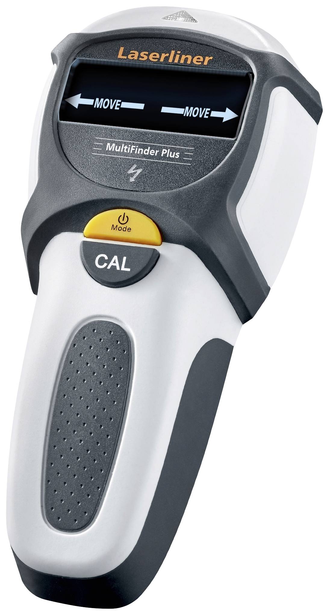 Cyfrowe urządzenie wielofunkcyjne do lokalizacji drewna, metali i przewodów elektrycznych w ścianach. Wyświetlacz pokazuje strzałki kierunkowe.