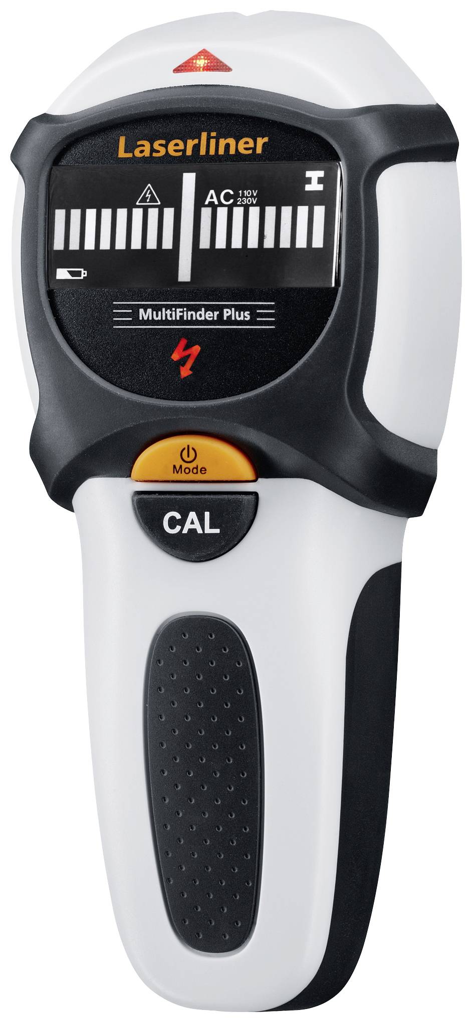 Elektroniczne urządzenie pomiarowe 'Laserliner' do lokalizacji przewodów lub metali w ścianach, wyposażone w przyciski kalibracji i wyboru trybu.