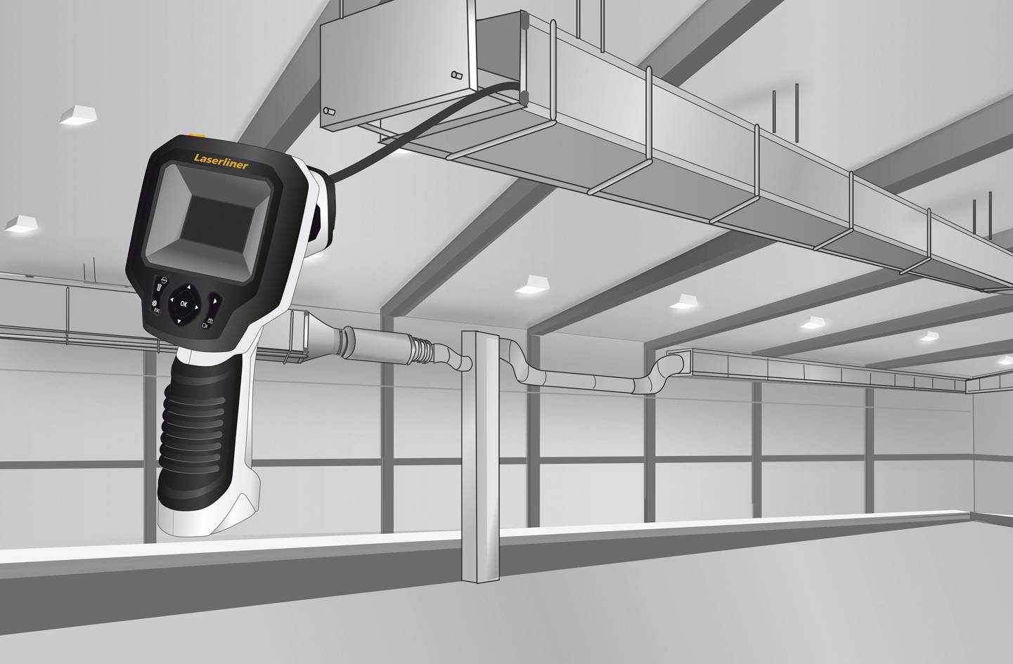 Kamera termowizyjna w ręku sprawdza system wentylacyjny w budynku przemysłowym. Termowizja do monitorowania nieszczelności.
