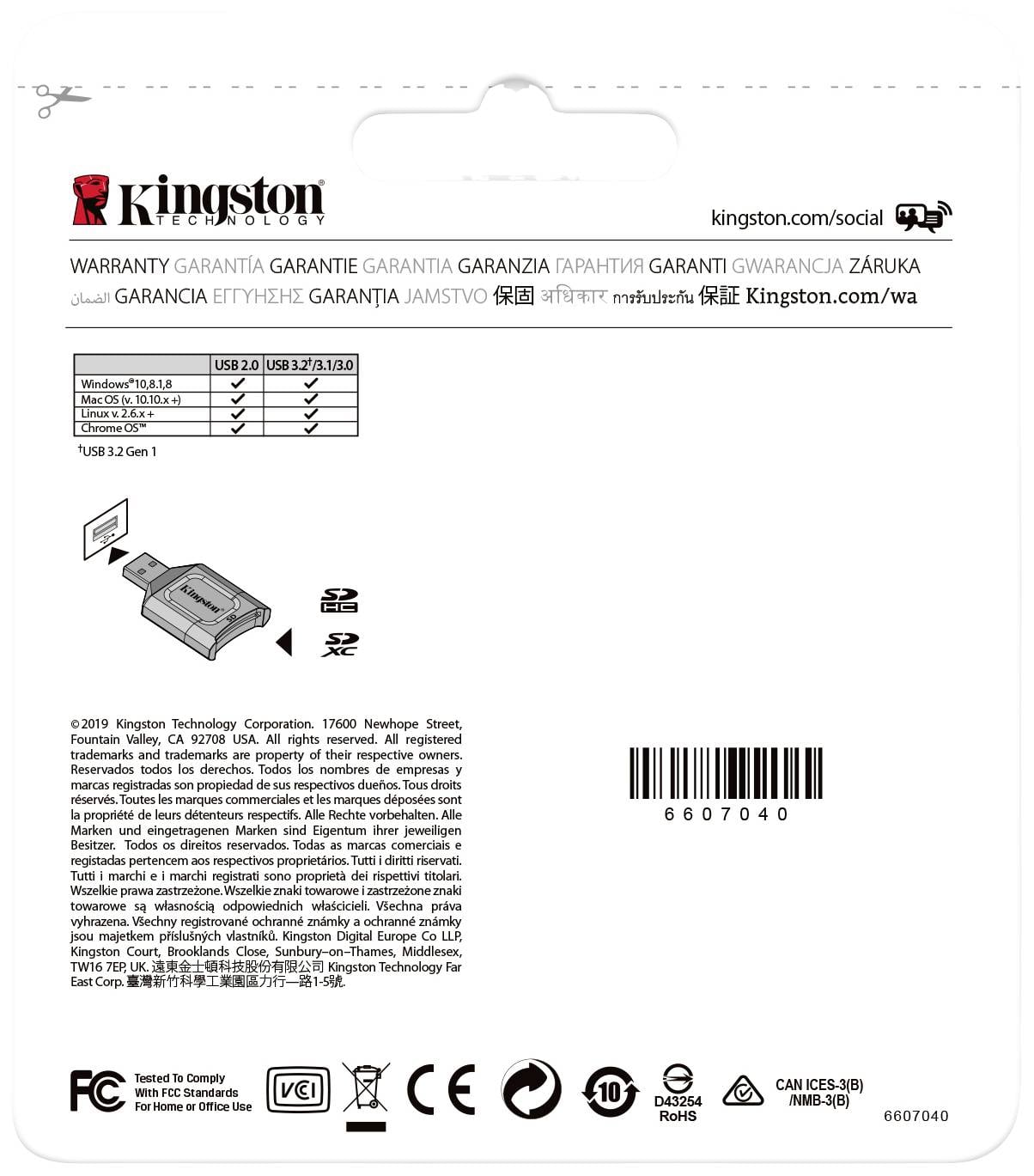 Opakowanie przedstawia urządzenie Kingston USB 3.2 Gen 1 wraz ze specyfikacją techniczną i informacjami gwarancyjnymi w kilku językach.