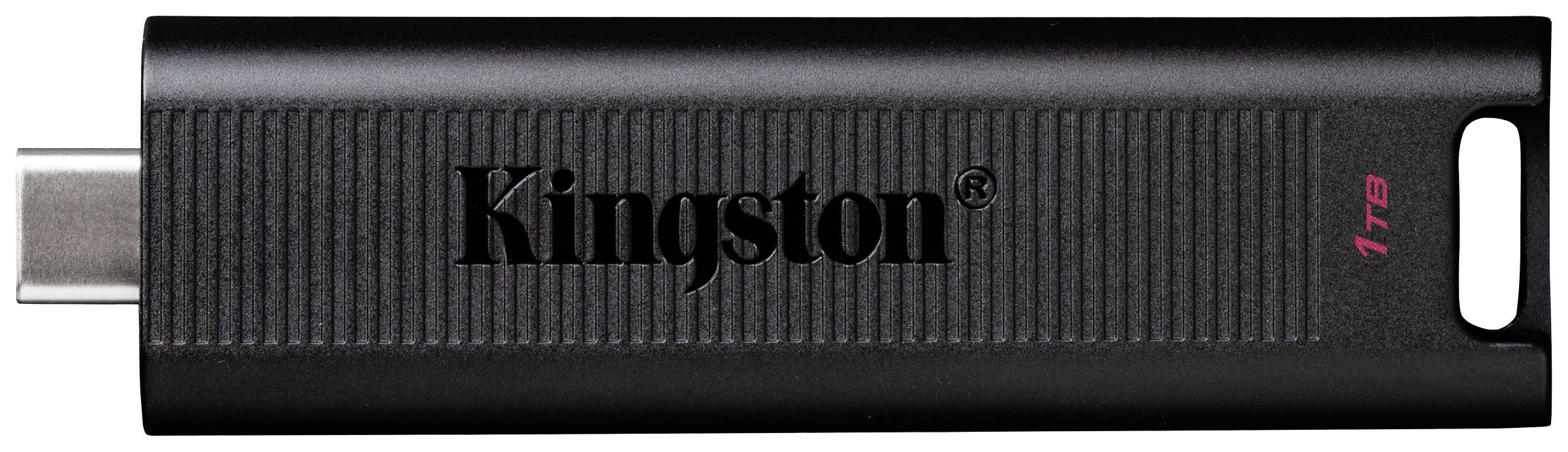 Pendrive Kingston o pojemności 1TB, w kolorze czarnym, z złączem USB-C, ułożony poziomo.