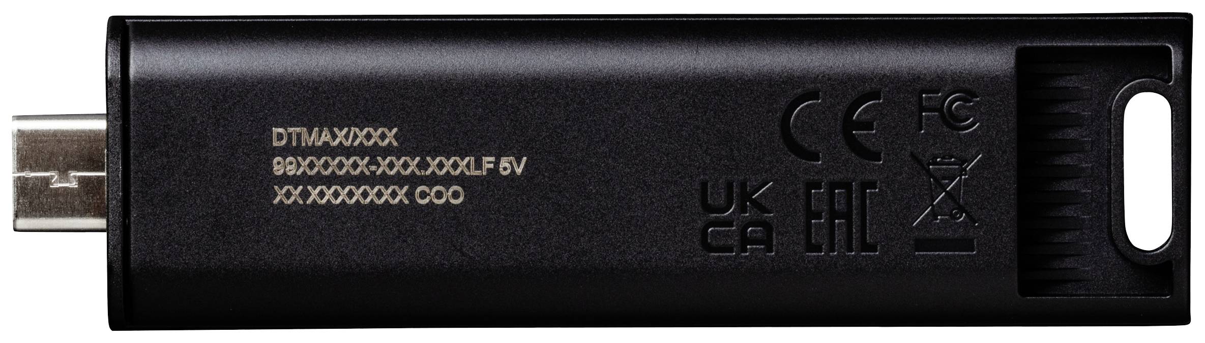 Czarny pendrive z parametrami technicznymi i oznakowaniem CE na powierzchni, prezentujący widok tylnej strony urządzenia.