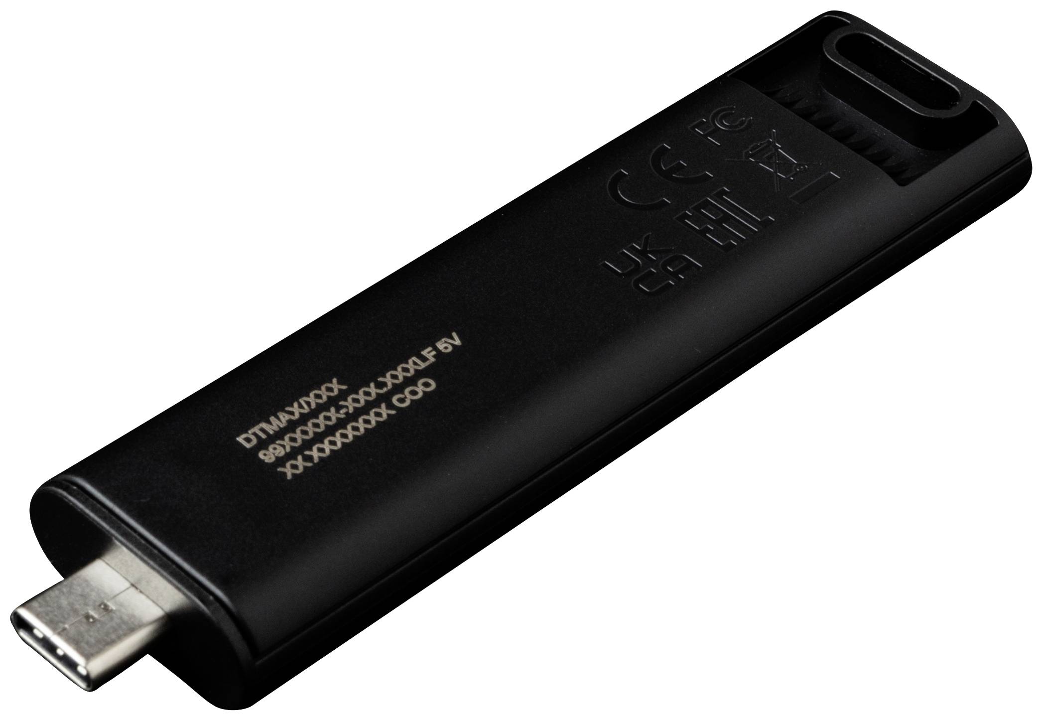 Czarny pendrive USB-C z technicznymi szczegółami na wierzchu.