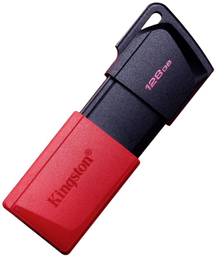 Pendrive Kingston w czarnej obudowie z czerwoną nakładką, na której widnieje napis '128 GB'.