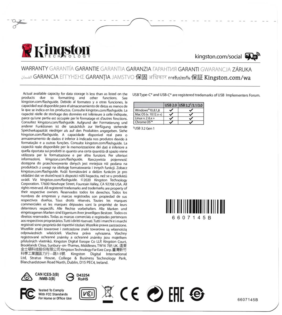 Tył opakowania Kingston z informacjami gwarancyjnymi w kilku językach, specyfikacjami technicznymi i danymi kontaktowymi.