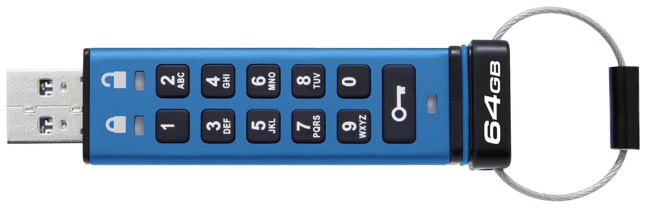 Pendrive 64 GB, niebieski, z wbudowanym zamkiem szyfrowym. Klawisze 0-9, symbol klucza, do bezpiecznego przechowywania danych.
