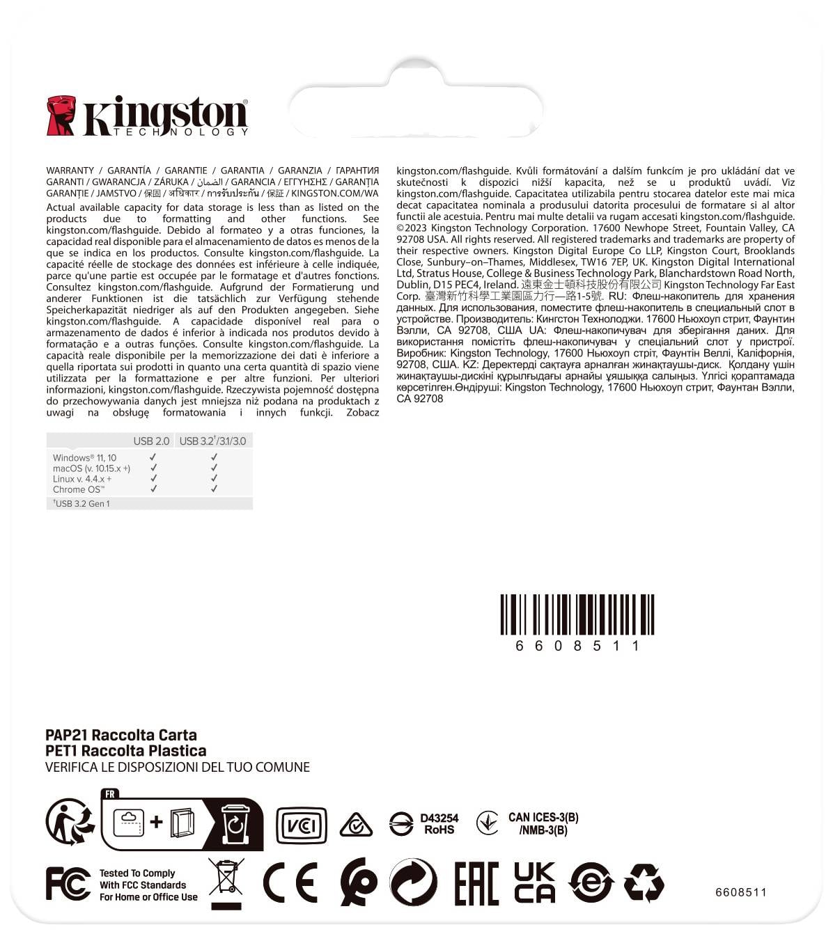 Tylna strona opakowania Kingston przedstawia informacje gwarancyjne i bezpieczeństwa w kilku językach, symbole recyklingu oraz certyfikaty.