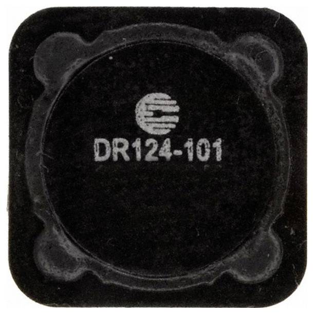 Komponent elektroniczny z oznaczeniem 'DR124-101' i logo, prawdopodobnie cewka lub induktor, używany w różnych obwodach elektronicznych.