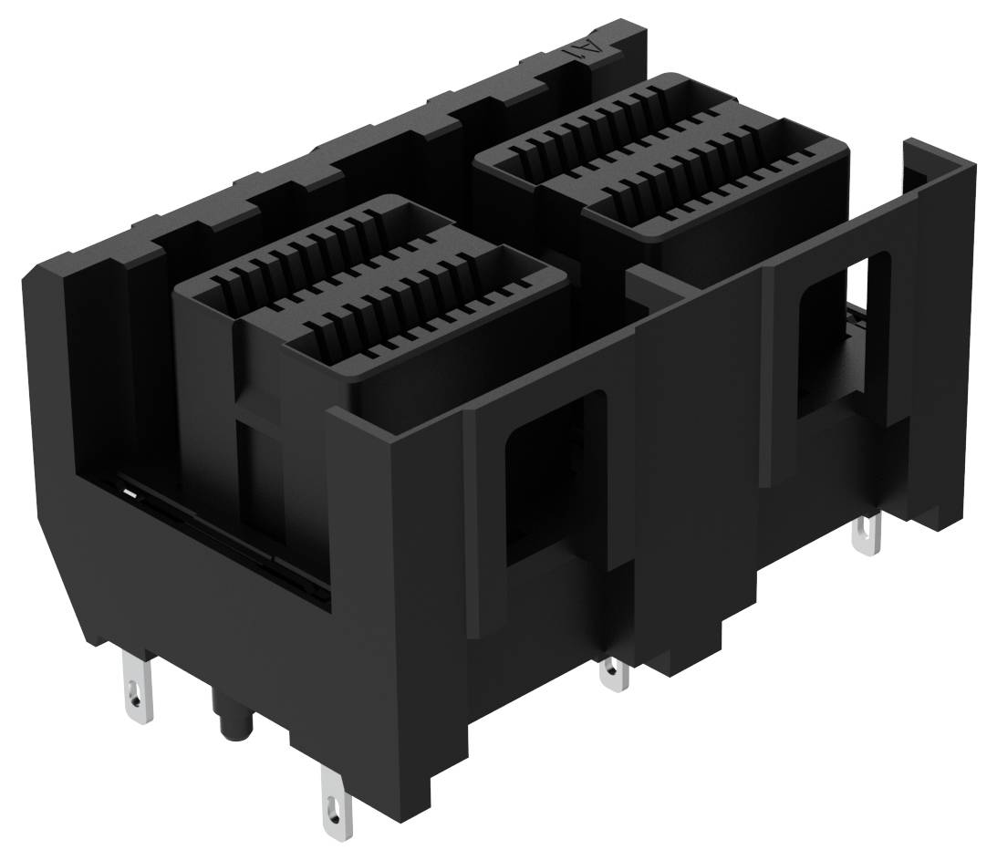 Czarny złącze elektroniczne z wieloma szpilkami i rowkami, zaprojektowane do integracji z płytką obwodów.