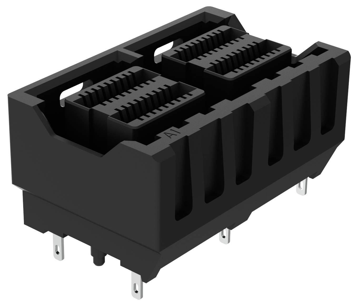 Czarny element elektroniczny z wieloma złączami pinowymi, prawdopodobnie używany do interfejsu z płytkami obwodów drukowanych lub konfiguracjami sprzętowymi.