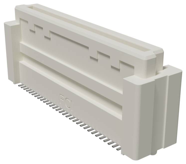 Biały złącznik elektroniczny z wieloma metalowymi pinami, przeznaczony do montażu na płytce drukowanej, z logo marki widocznym z boku.