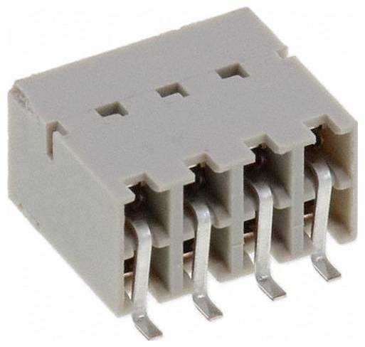 Czterostykowy złącze elektryczne z szarą obudową i metalowymi stykami, przeznaczone do montażu na płytce drukowanej.