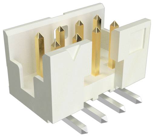 Biały plastikowy i złoty złącze elektryczne z czterema bolcami do przyłączenia na płytce drukowanej, używane do połączeń elektronicznych.