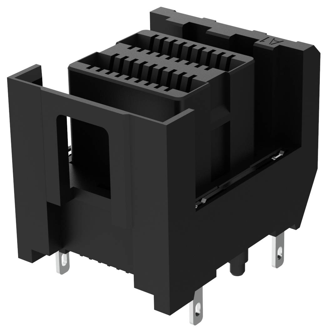 Czarny elektroniczny komponent z kilkoma szczelinami i metalowymi pinami u podstawy, ewentualnie złącze lub gniazdo.