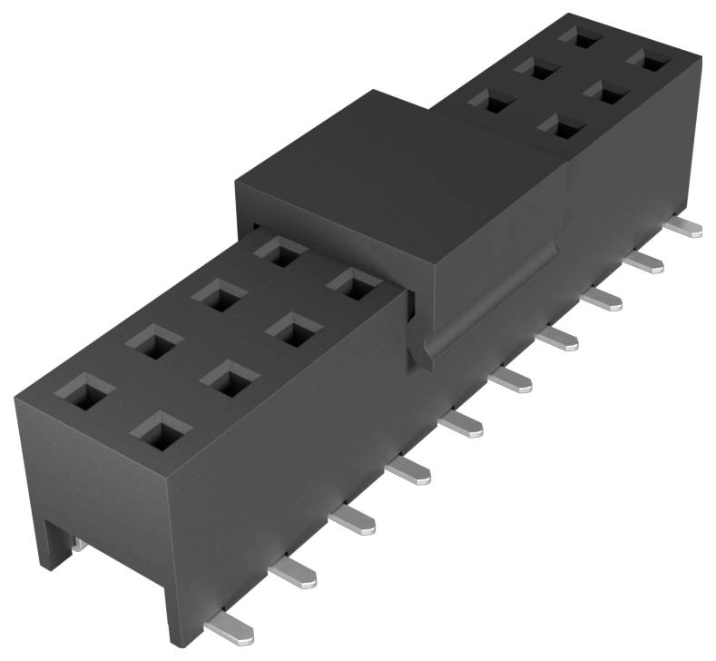 Czarny prostokątny złącze elektroniczne z wieloma kwadratowymi otworami i metalowymi kolkami, używane do zabezpieczania połączeń na płytce obwodu drukowanego.
