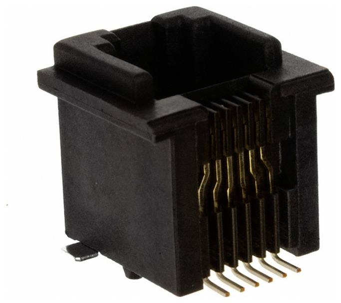 Czarny złącze RJ45 ze widocznymi złotymi stykami, używane do połączeń Ethernet, pokazane w kącie podkreślającym jego prostokątny kształt.