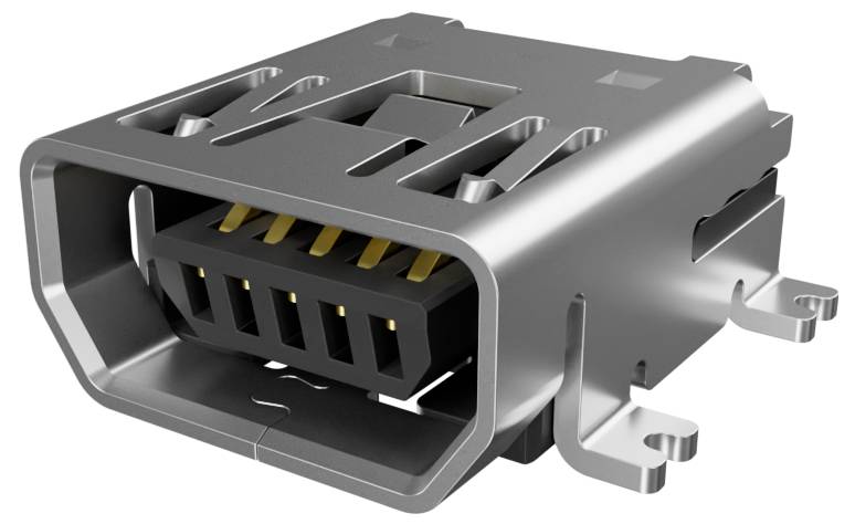 Zbliżenie obrazu metalowego złącza USB Type-A gniazdo, pokazujące jego prostokątny kształt i wewnętrzne pozłacane styki.