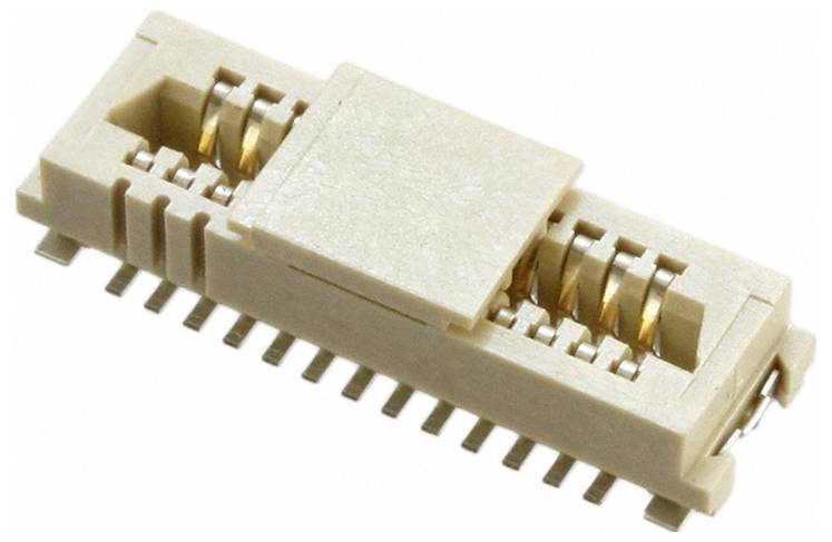 Beżowy złącze elektroniczne z wieloma stykami, wykorzystywane do połączeń płytek obwodów.