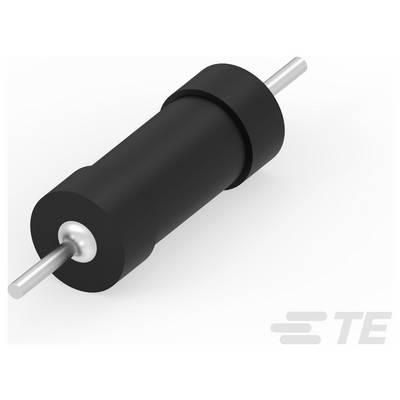 'Czarny cylindryczny komponent elektroniczny z metalowymi prętami wystającymi z obu końców, prawdopodobnie induktor. Logo TE w prawym dolnym rogu.'