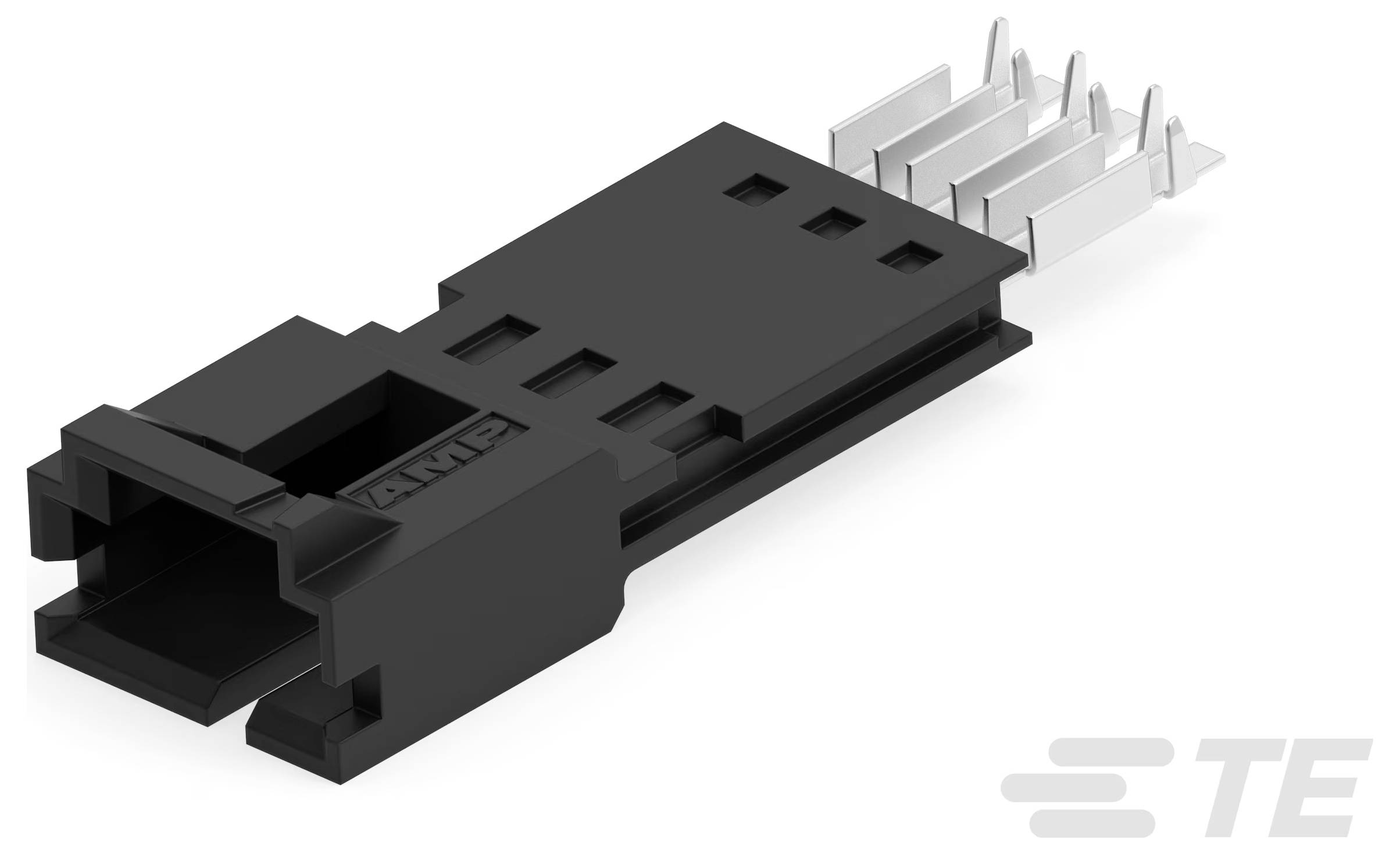 "Zestaw wtyczki TE Connectivity Mini-SAS" przedstawiający czarną plastikową obudowę z metalowymi kołkami do podłączania komponentów elektronicznych.