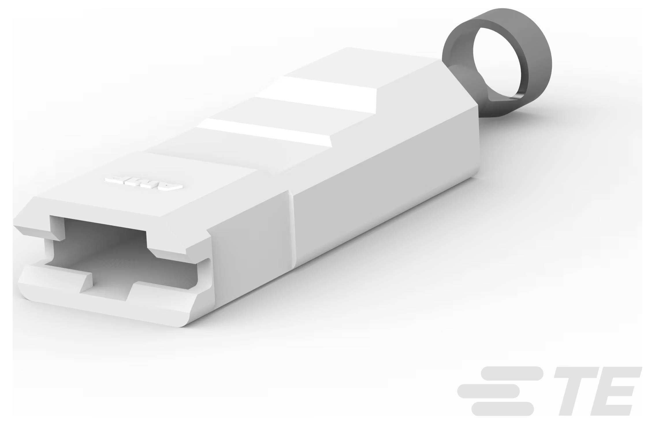 Złącze 'TE Connectivity' w kształcie prostokąta z trzema liniami wypukłymi i pętlą na końcu.
