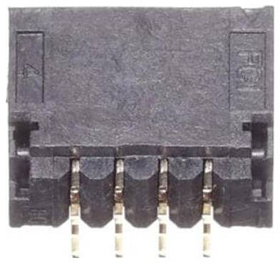 Zbliżony widok czarnego, pięciozaciskowego złącza elektrycznego ze złotymi zaciskami, używanego do połączeń elektronicznych.