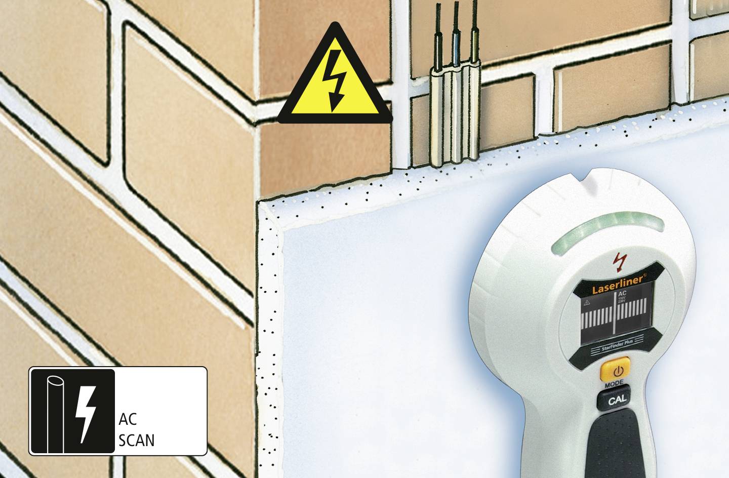 Wykrywacz przewodów wskazuje położenie przewodów elektrycznych za ścianą. Znak ostrzegawczy informuje o zagrożeniu porażeniem prądem.