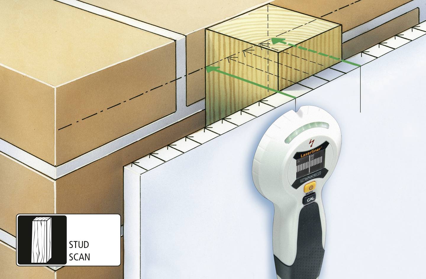 Urządzenie skanuje ścianę, aby zlokalizować drewniany słup konstrukcyjny. Ilustracja przedstawia drewniany słup za ścianą wraz ze wskazaniem jego kierunku.