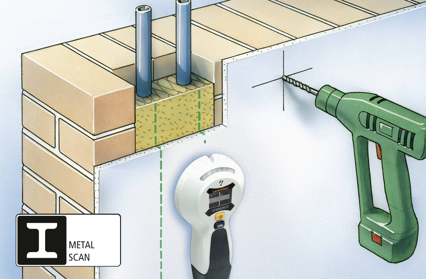Ilustracja przedstawia fragment ściany z dwoma rurami pośrodku. Urządzenie skanuje ścianę w poszukiwaniu metalu.