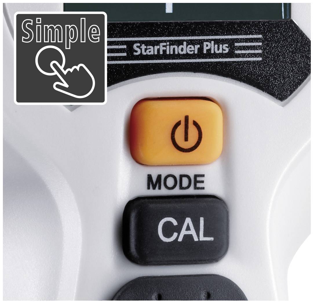 Zbliżenie urządzenia z przyciskami 'MODE', 'CAL' oraz pomarańczowym przyciskiem włączania/wyłączania. W lewym górnym rogu symbol z napisem 'Simple'.