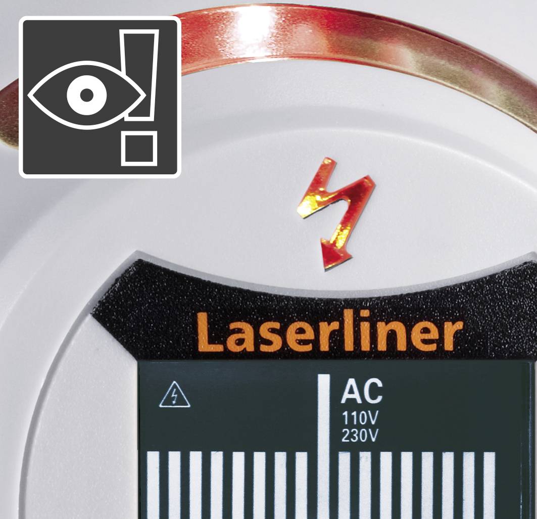 Symbol zagrożenia dla oczu obok urządzenia z wyświetlaczem: Laserliner, 110V/230V, znak ostrzegawczy przed porażeniem elektrycznym u góry.
