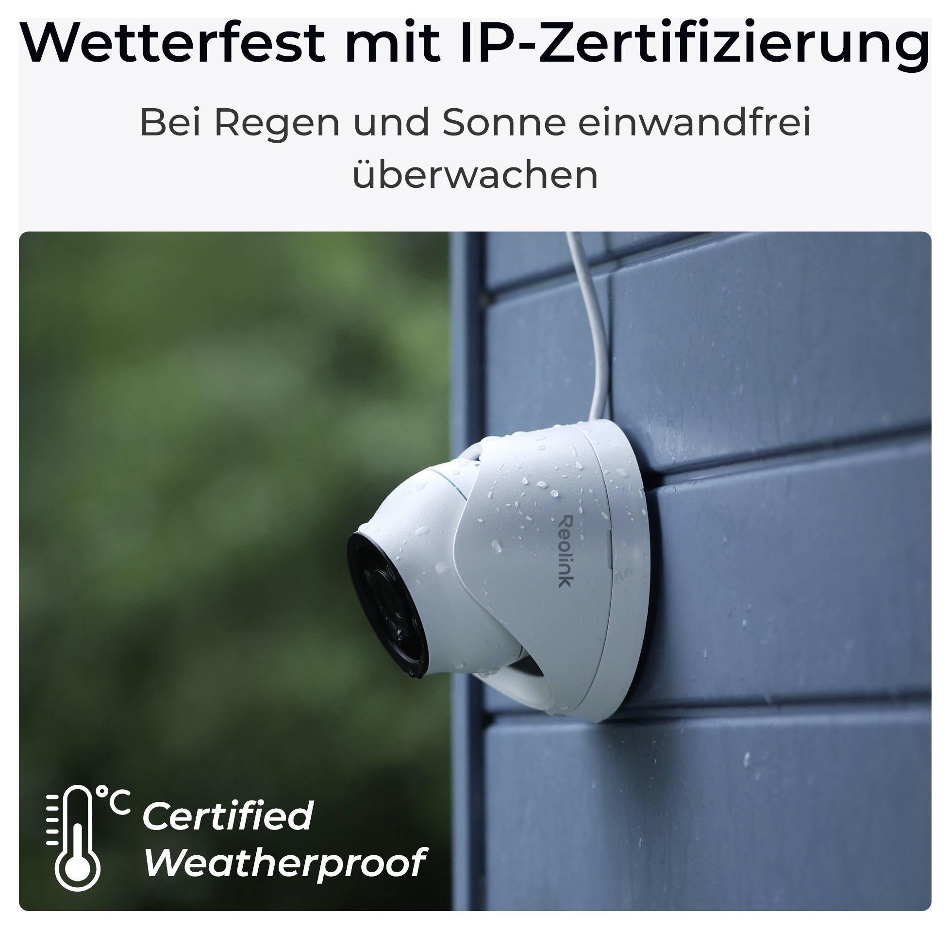 Kamera bezpieczeństwa zamontowana na ścianie pod tekstem 'Odporny na warunki atmosferyczne z certyfikatem IP. Doskonały monitoring podczas deszczu i słońca.'