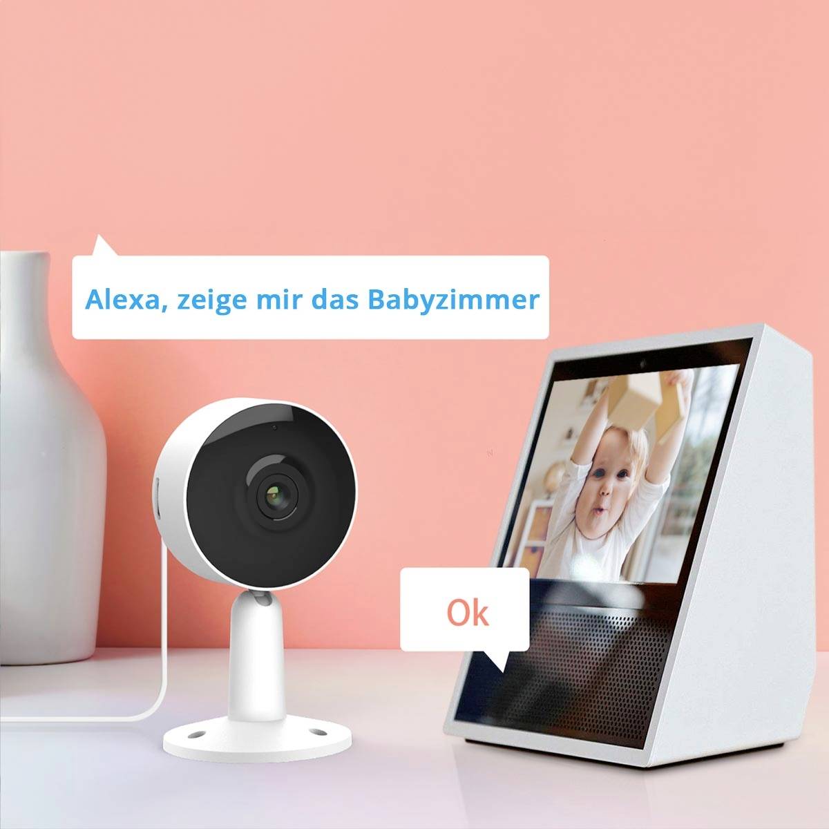 Kamera przesyła obraz niemowlęcia na wyświetlacz, podczas gdy aktywne jest sterowanie głosowe z poleceniem 'Alexa, pokaż mi pokój dziecięcy'.