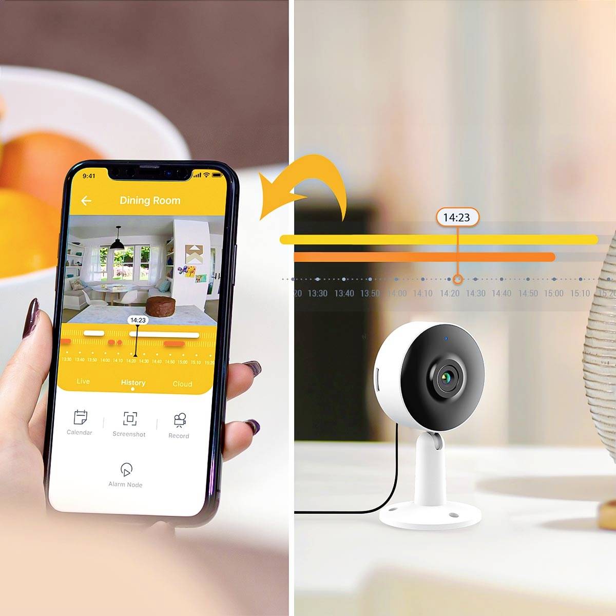 Aplikacja wyświetla obraz z monitoringu salonu na smartfonie. Po prawej stronie widać kamerę nadzoru.