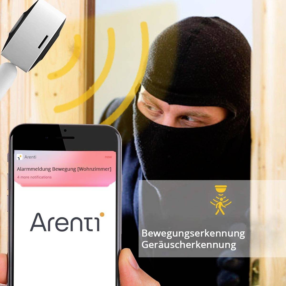 Smartfon wyświetla 'Alarm ruchu [Salon]' w aplikacji. W tle: mężczyzna w czapce zerkający przez szparę w drzwiach.