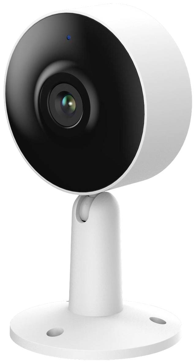 Biała kamera bezpieczeństwa z okrągłym, czarnym obiektywem, zamontowana na podstawce, odpowiednia do monitoringu wewnętrznego.