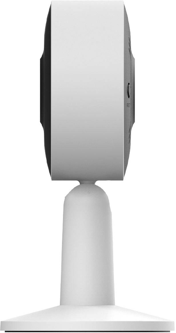 Widok z boku białej kamery bezpieczeństwa na obrotowym uchwycie, odpowiedniej do stosowania wewnątrz pomieszczeń, prezentujący smukłą sylwetkę.