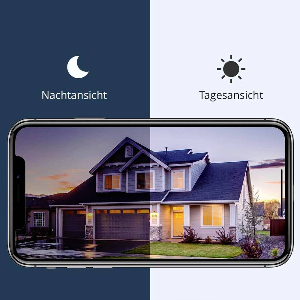 Smartfon wyświetla dom przedstawiony po lewej stronie w 'widoku nocnym' i po prawej stronie w 'widoku dziennym', ilustrując funkcje aparatu.