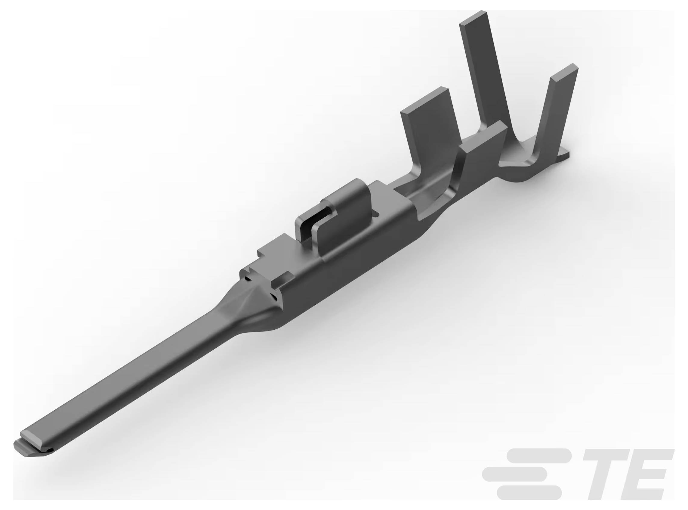 'Zacisk TE connectivity,' szary, metaliczny komponent elektryczny z bolcami na jednym końcu, zaprojektowany do zastosowań w połączeniach przewodów.