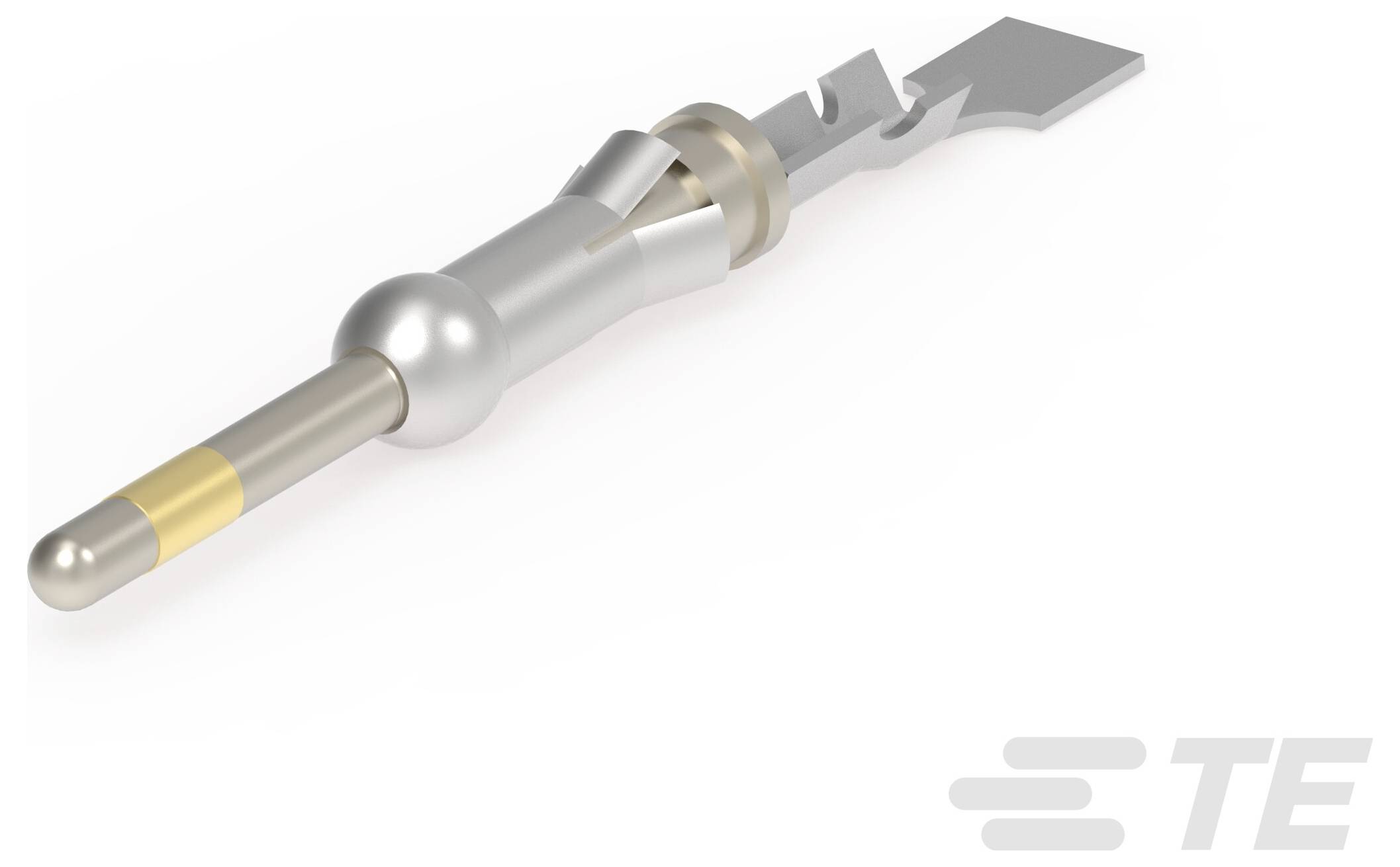 Metalowy pin łącznika ze złotym końcem i nacięciowaną podstawą, używany w zastosowaniach elektronicznych, ustawiony na białym tle.