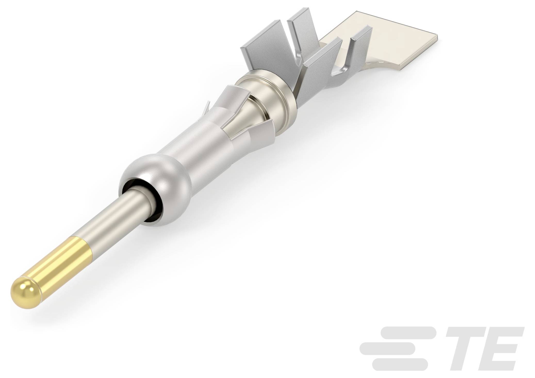 Zbliżony widok metalicznego styku elektrycznego ze złotym końcem, zaprojektowanego do precyzyjnych połączeń w urządzeniach elektronicznych.