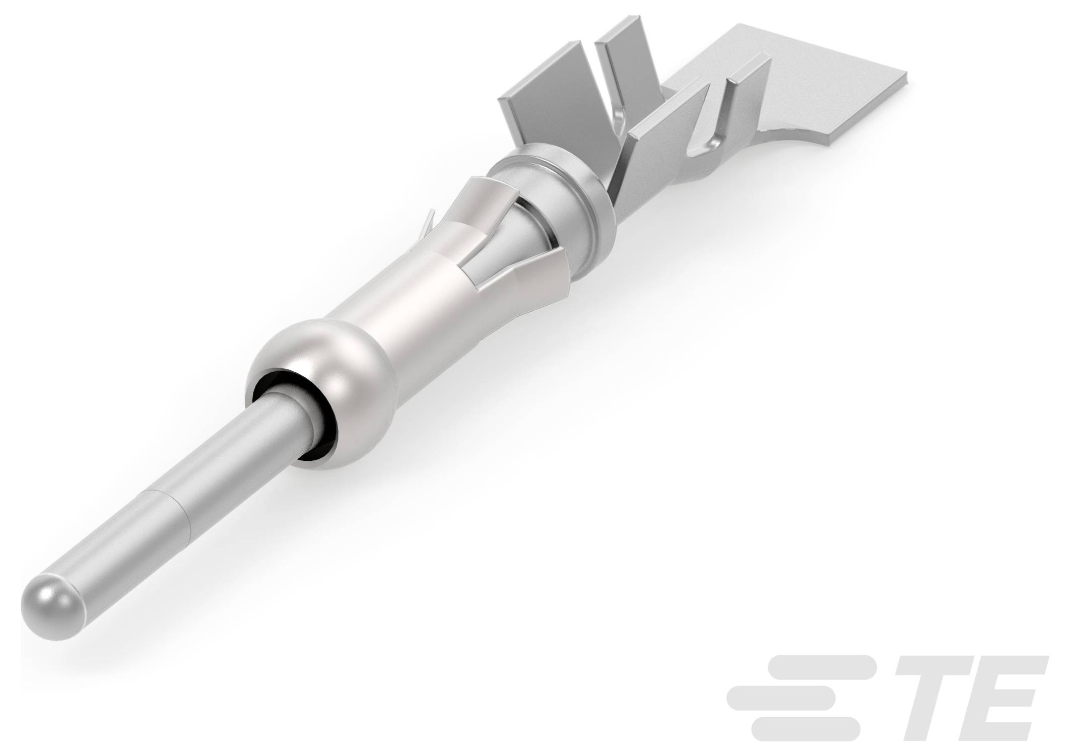 'Łącznik TE Connectivity' to metalowy komponent z wieloma szczelinami do połączeń elektrycznych, zaprojektowany do zastosowań przemysłowych.